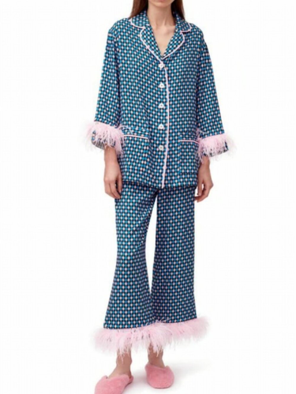 Sleeper Party Feather-Trim Pink Blue Argyle Pajama Shirt Medium Luxe Top Only